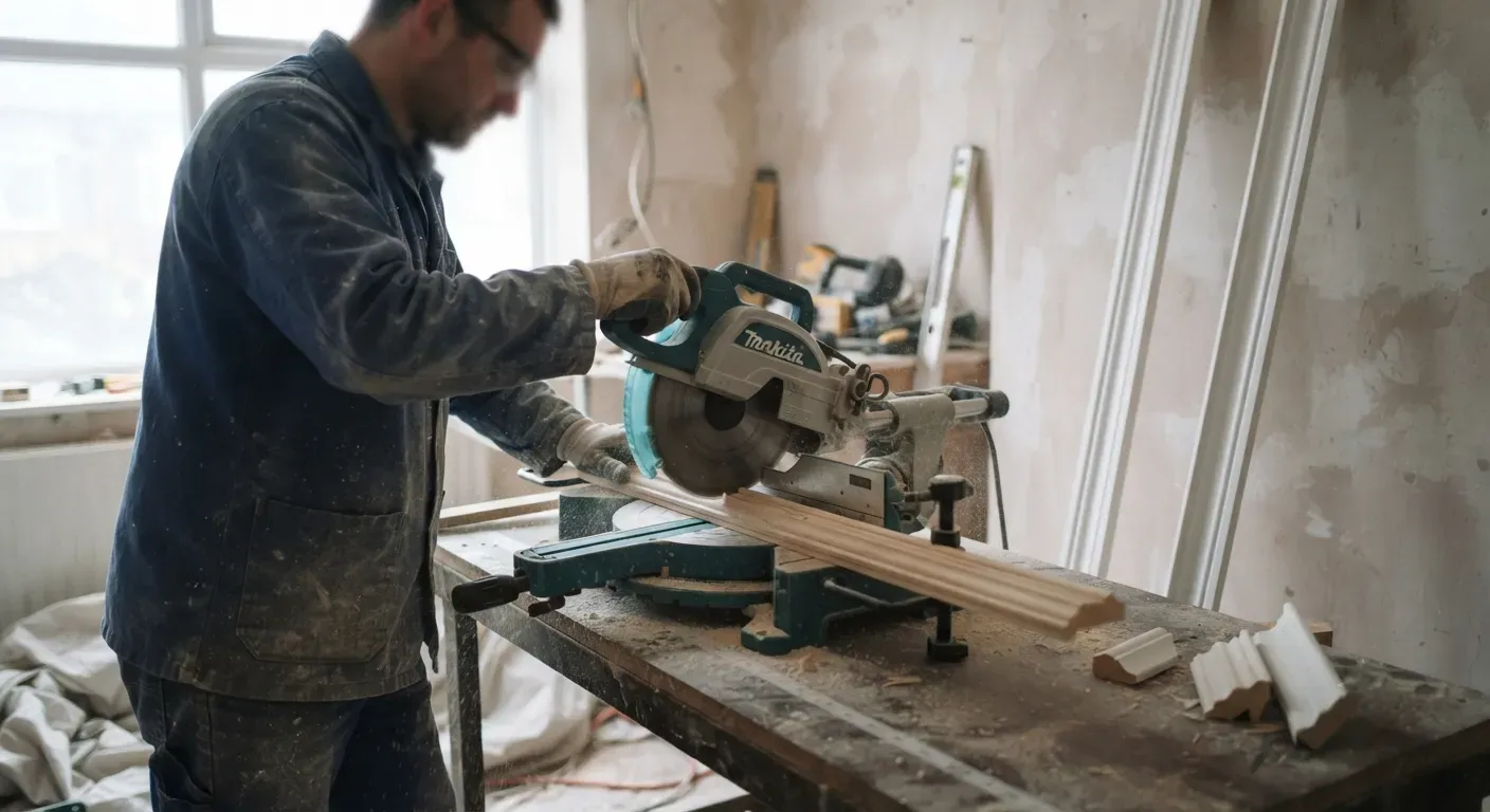 A joiner cutting a length of moulded architrave on a mitre saw in a room mid-renovation, with primed lengths leaning against the bare plaster wall behind