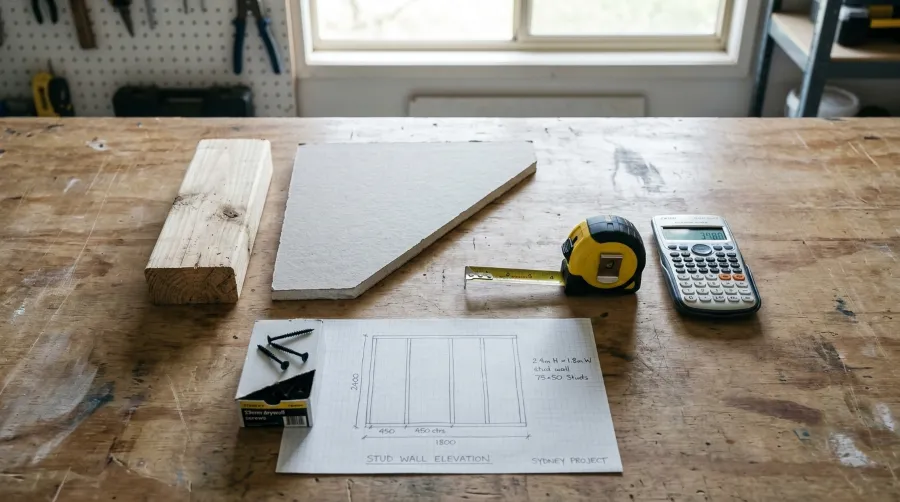 A part-built stud wall, illustrating the timber and plasterboard that drive the cost.