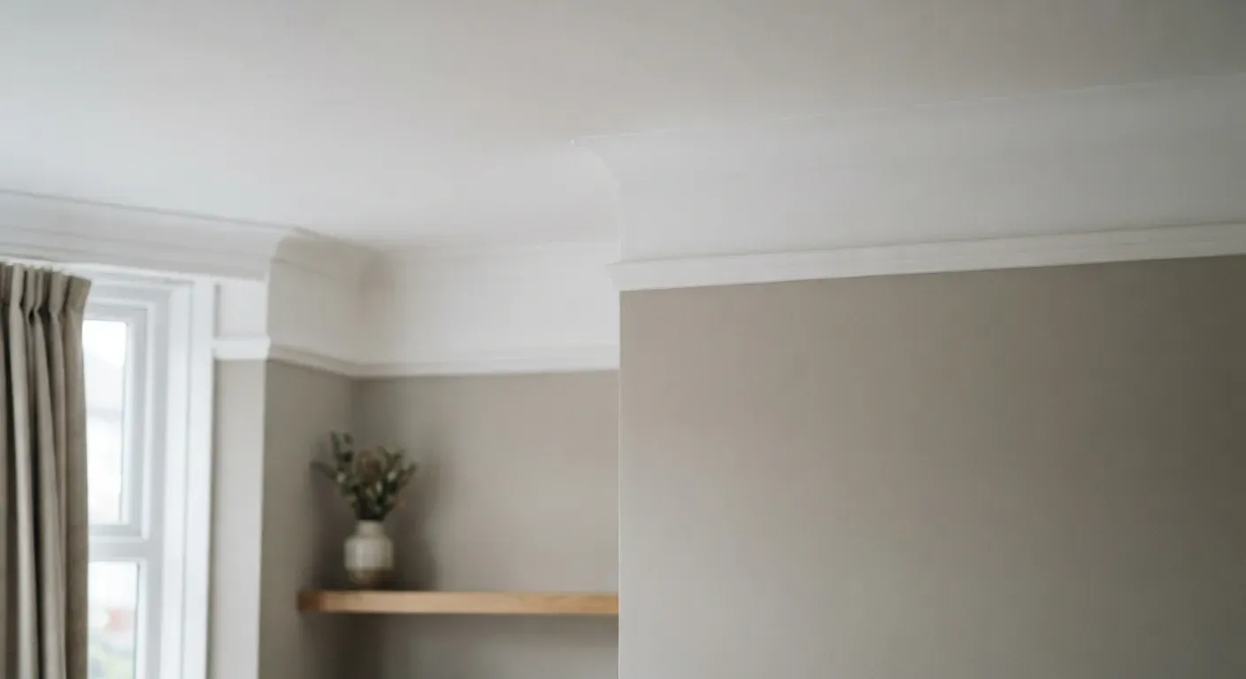 Plain white plaster coving running along the junction of a wall and ceiling in a freshly decorated room