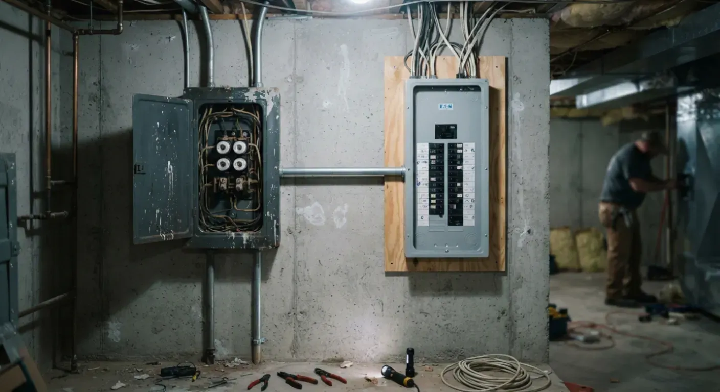 An open 200 amp electrical service panel with its dead front removed, breakers and neatly dressed circuit conductors visible