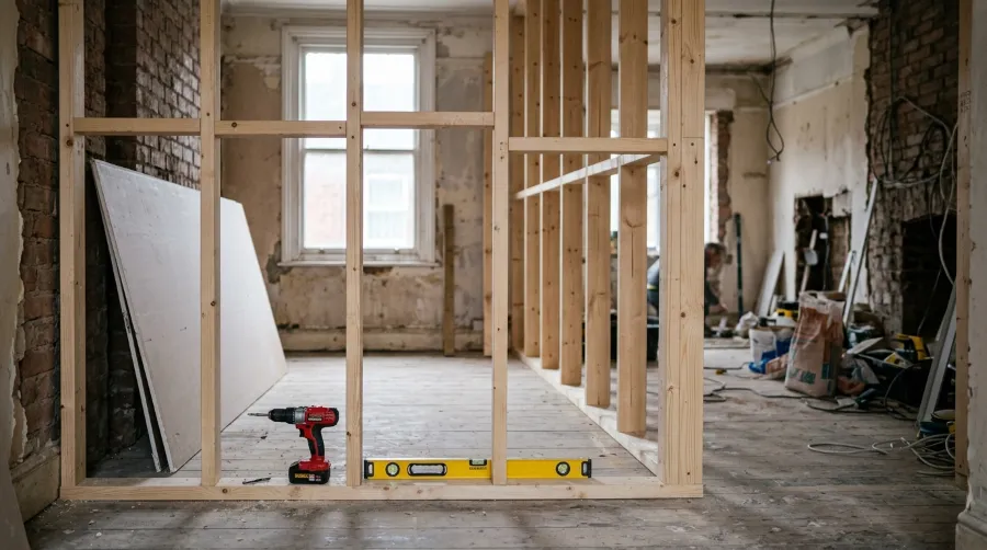 A timber stud partition wall frame with studs, plates and noggins before boarding.