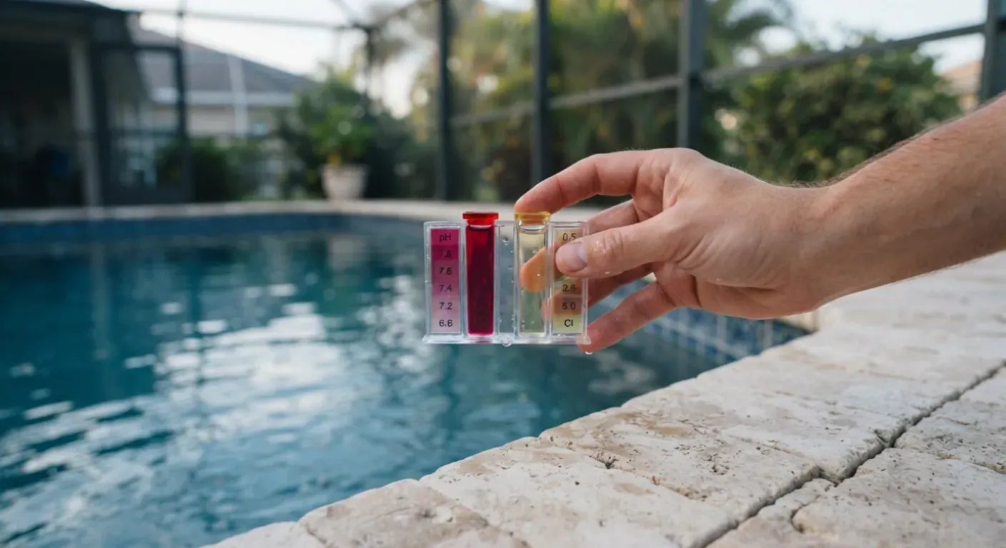 A pool test kit showing a high pH reading beside a bottle of muriatic acid at the edge of a swimming pool