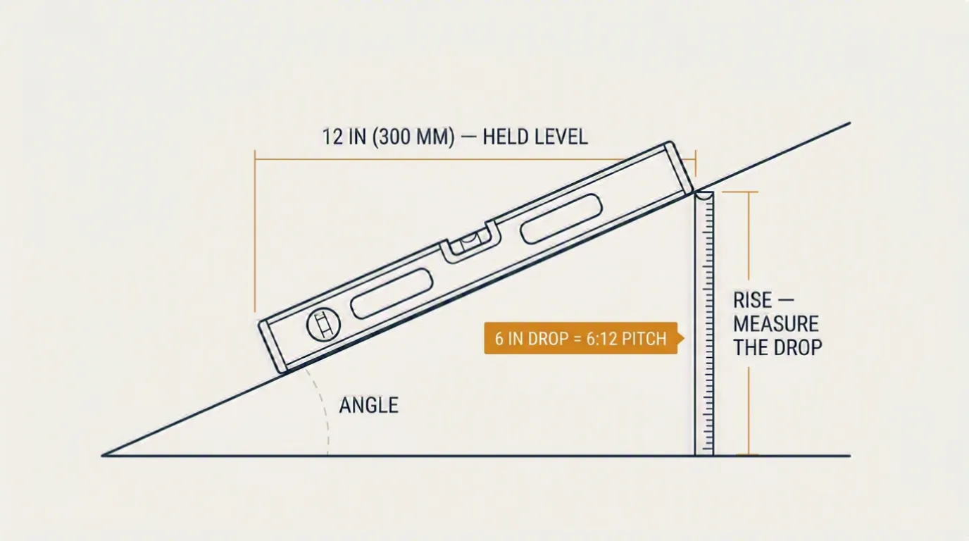 A spirit level held horizontally against a roof slope with a ruler measuring the vertical drop, showing the 12-inch method where a 6-inch drop equals a 6:12 pitch.