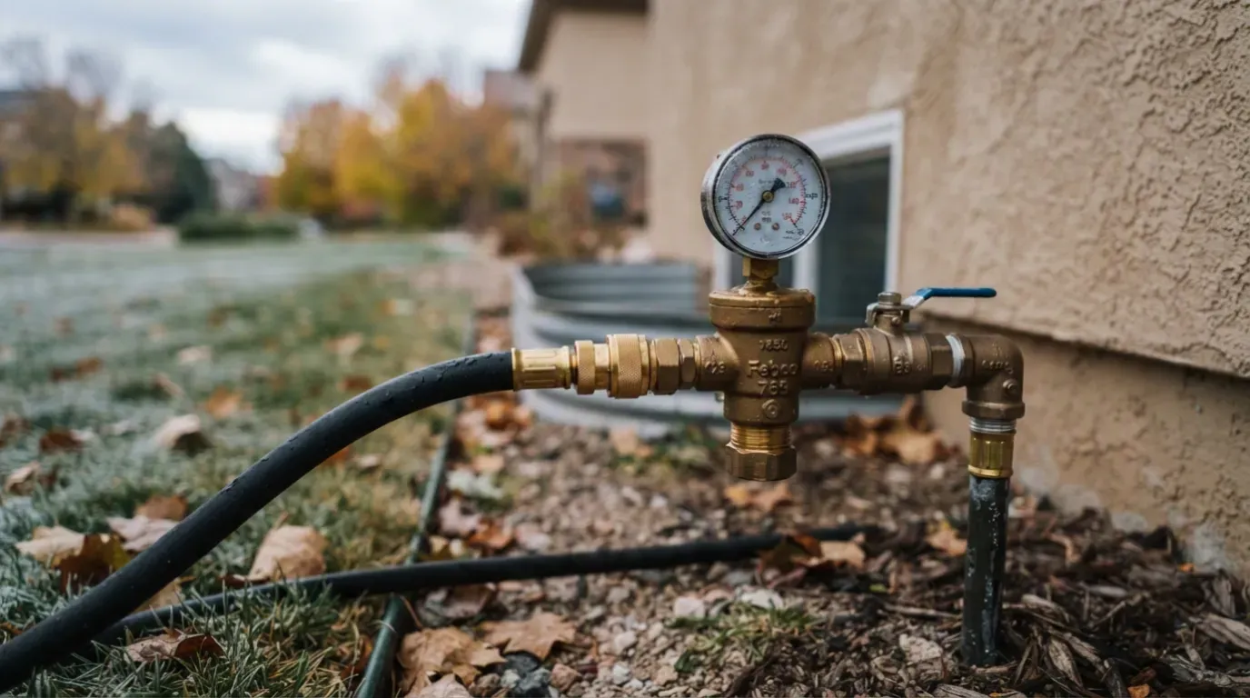 An air compressor hose connected to a sprinkler system blow-out port beside a backflow preventer, with a sprinkler head misting in a frosted lawn behind
