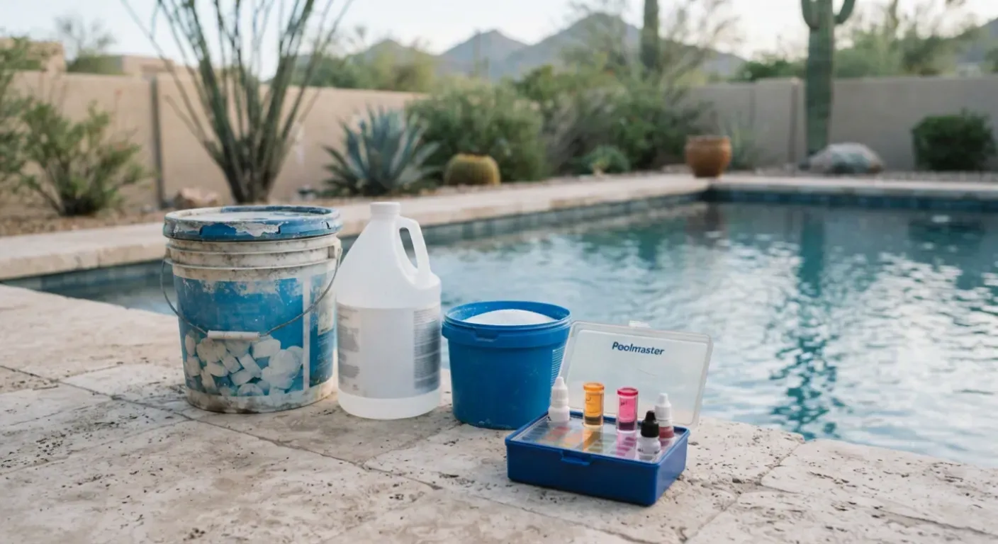 Buckets and bottles of pool chemicals lined up on a poolside deck beside a test kit