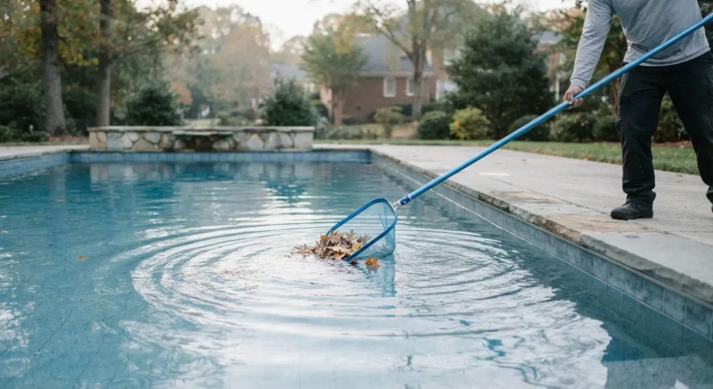 A homeowner skimming leaves from the surface of a backyard swimming pool with a long-handled net