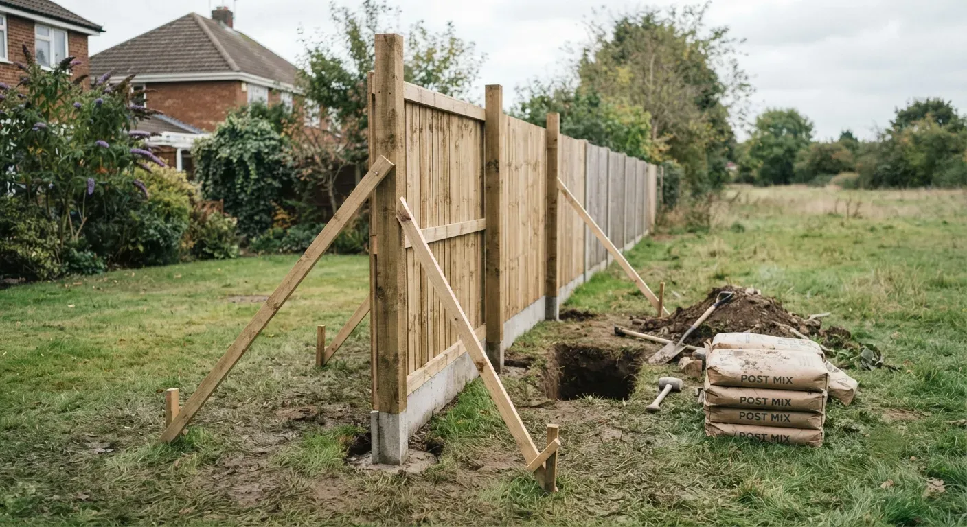 A part-built close-boarded fence in a British back garden, its posts concreted in and braced with timber battens, the next post hole dug open and a stack of post-mix sacks on the grass beside it