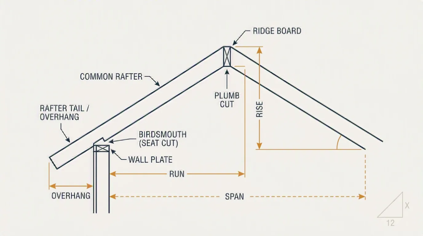 Cross-section of a pitched roof rafter labelling the wall plate, ridge board, common rafter, plumb cut, birdsmouth (seat cut) and rafter tail, with the run, rise, span and overhang dimensions marked.