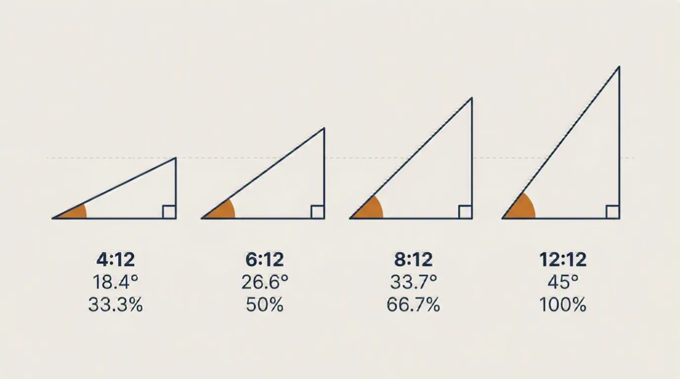 Four roof-pitch triangles increasing in steepness: 4:12 (18.4°, 33.3%), 6:12 (26.6°, 50%), 8:12 (33.7°, 66.7%) and 12:12 (45°, 100%).