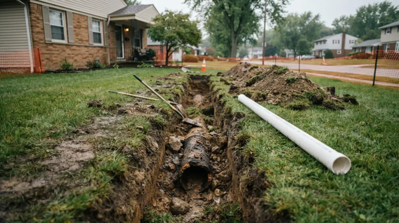 An open trench across a front lawn exposing an old clay sewer line beside a new length of PVC pipe