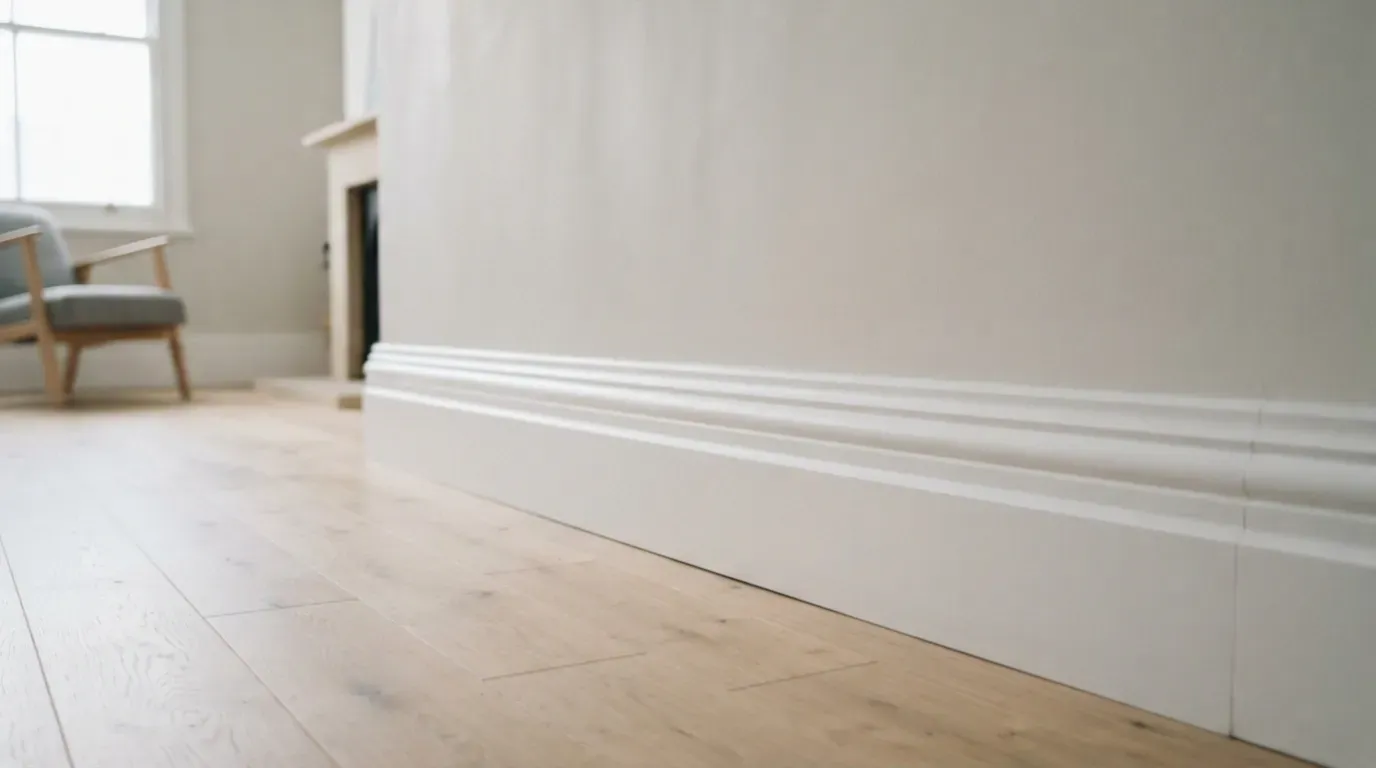 Freshly fitted white torus skirting board running along the base of a plastered wall