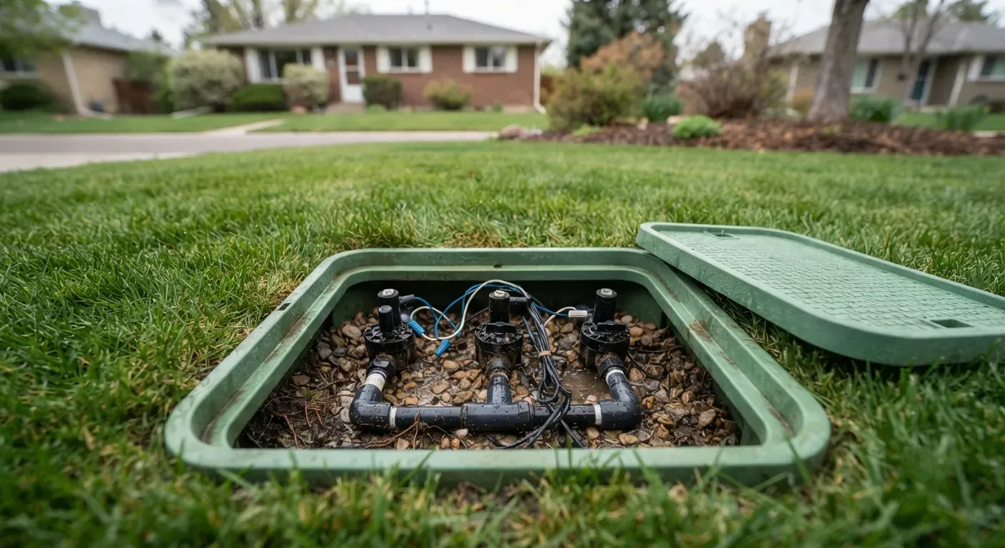 An open irrigation valve box in a lawn with three sprinkler valves plumbed side by side, their solenoids and wiring visible
