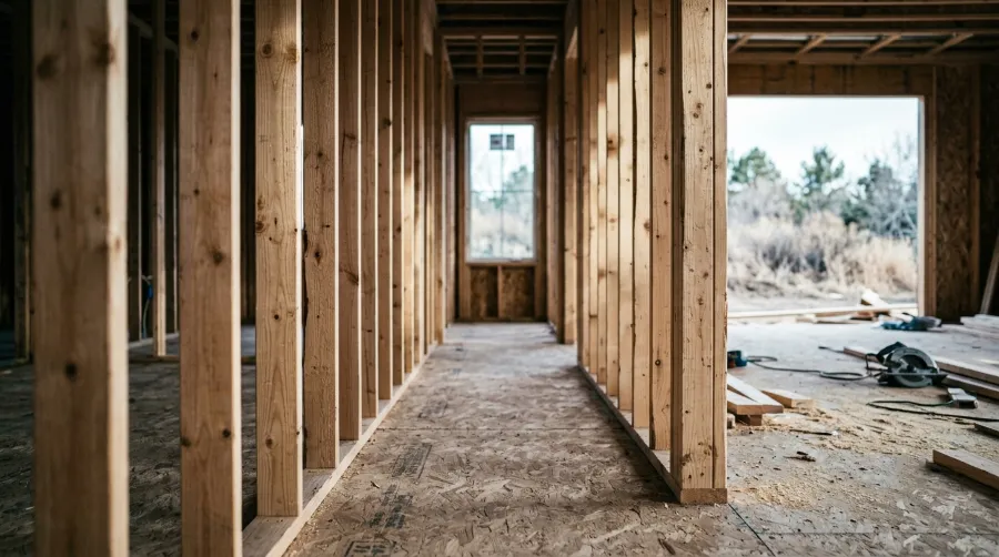 Stud wall framing showing studs set at regular centres.